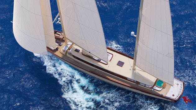 Aerial graphic of the yacht with three sails.