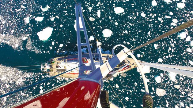 Ice from the top of a mast on a high latitudes yacht
