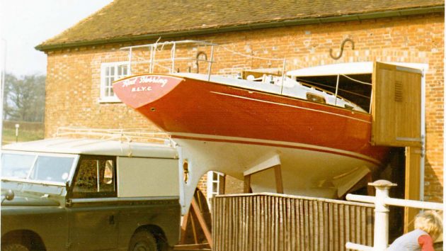 Contessa 32 No2, Red Herring, emerges from the former mill where she was built by Jeremy Rogers